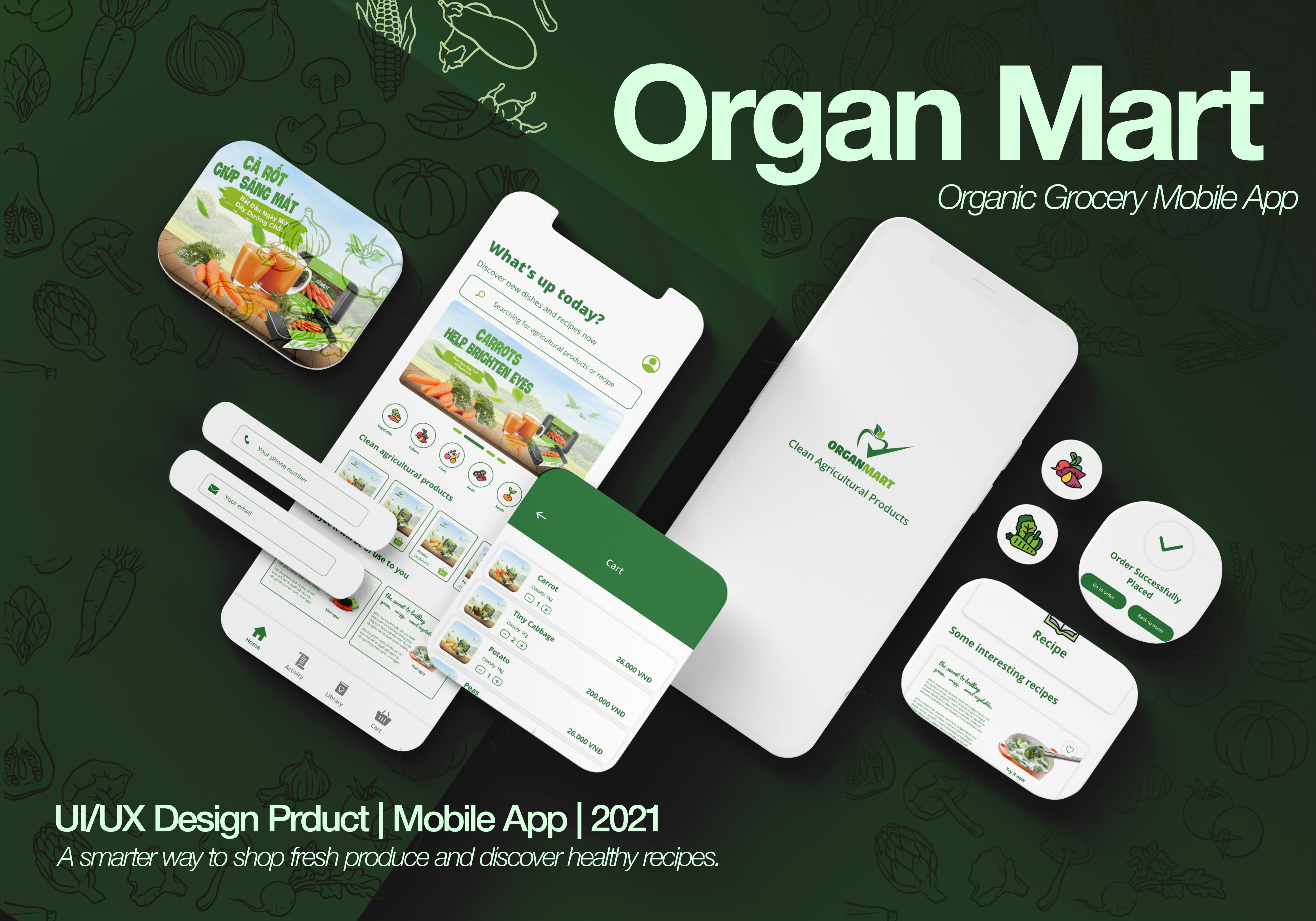 Ảnh giới thiệu dự án UI/UX Organ Mart với thiết kế ứng dụng mobile và nhận diện dự án.
